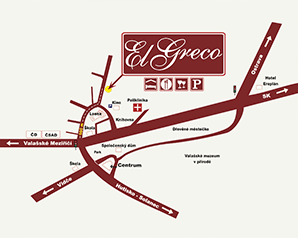 Karte mit dem Anfahrtsweg zum Hotel und Pension El Greco mit griechischem Restaurant in Rožnov.